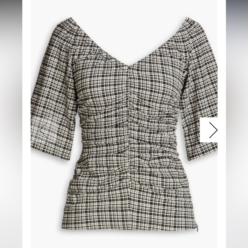Ganni Ruched checked seersucker top from Holt Renfrew